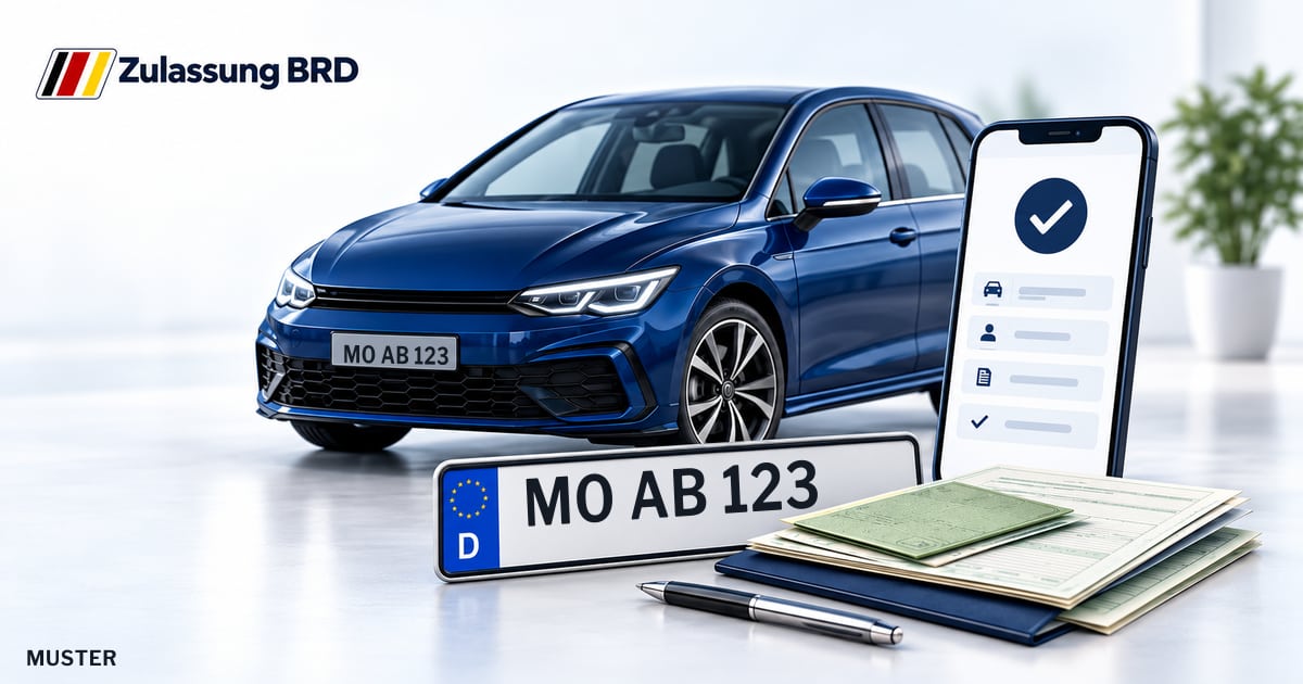 Online Fahrzeugzulassung in Hamminkeln: Musterkennzeichen MO AB 123, Auto und Fahrzeugpapiere und Smartphone. Illustration mit Logo von Zulassung BRD.